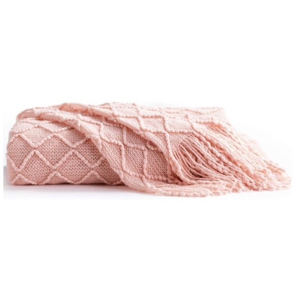 Light Pink Modern Farmhouse Boho Tassel Knit Throw Cozy Fringe Patterned Blanket - Picture 5 of 16